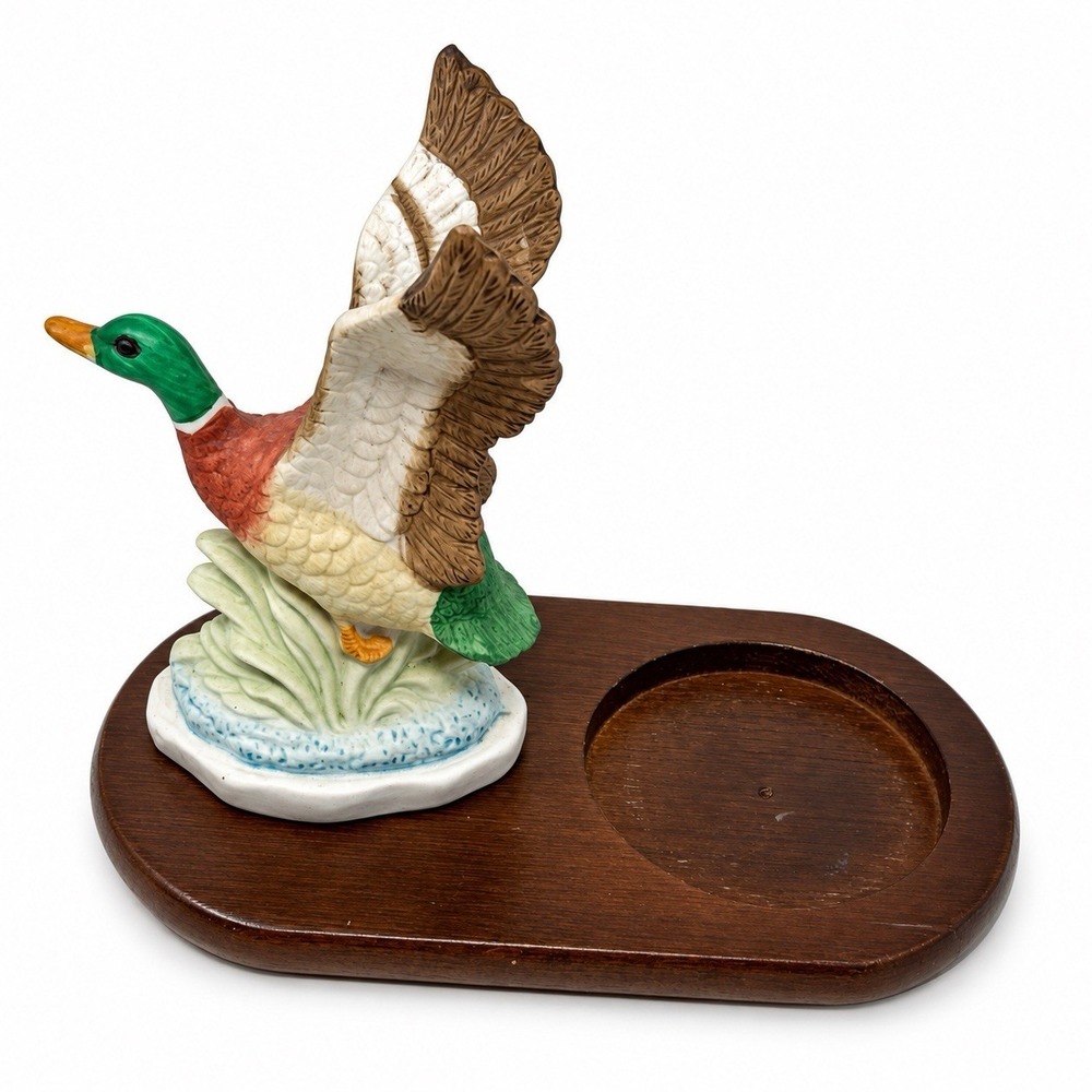 Vintage Mallard Duck Ceramic Figurine Wood Base Ashtray Holder Cabin Decor